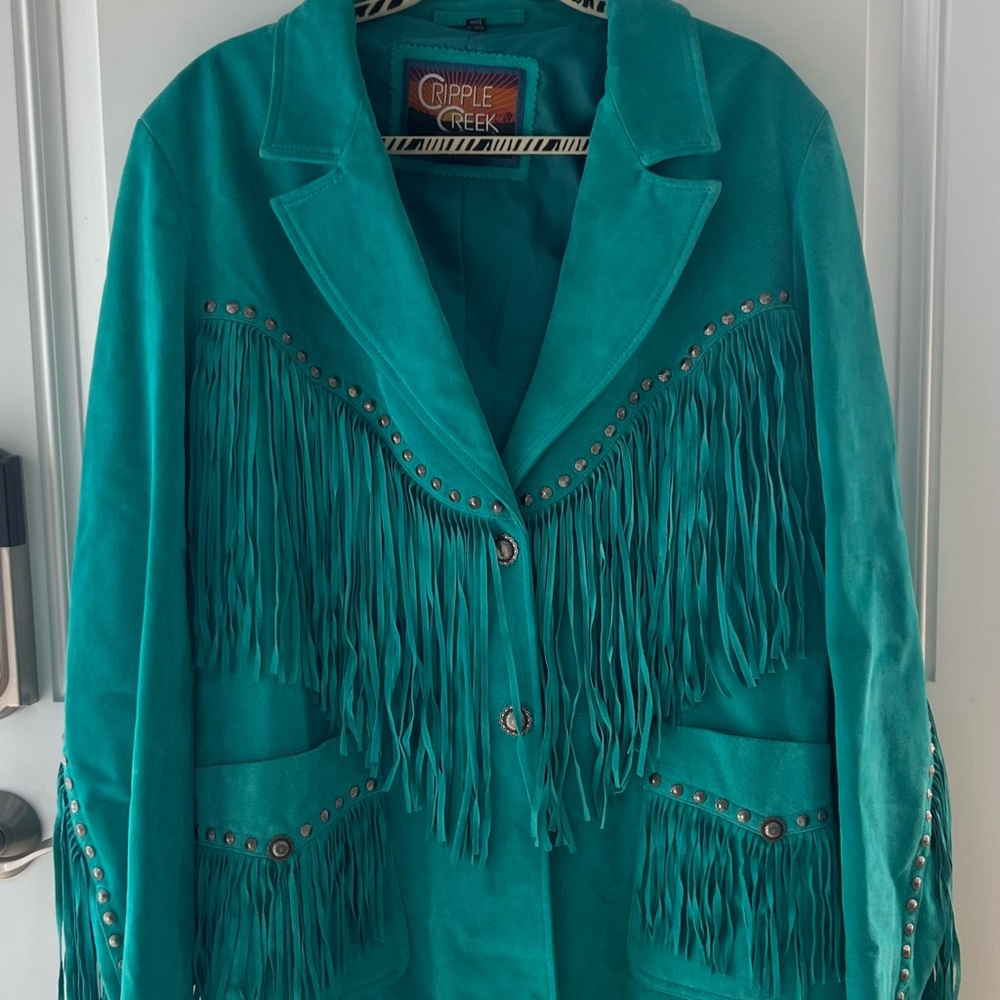 Cripple Creek Women's Turquoise Leather Fringe Jacket
